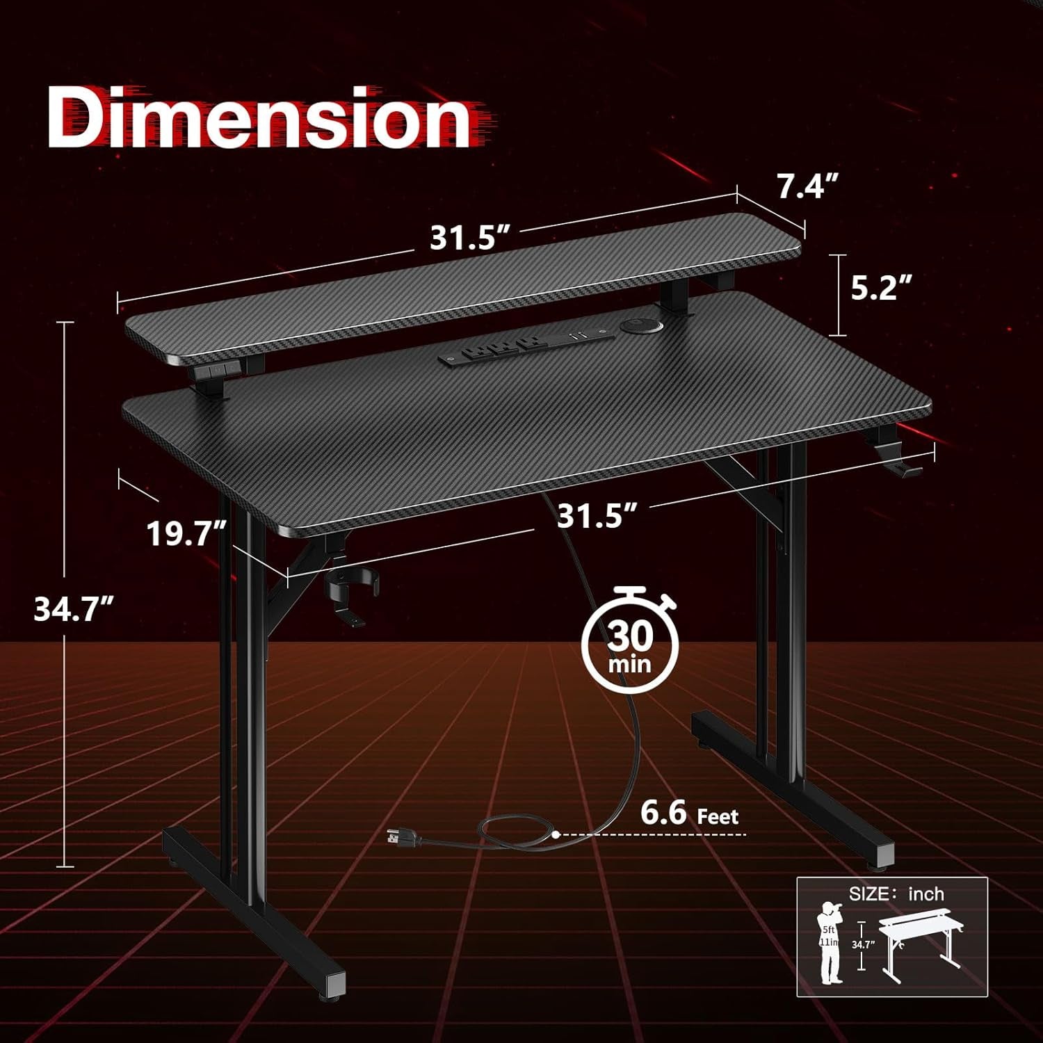 31 Inch Small Gaming Desk with LED Lights & Power Outlets, Computer