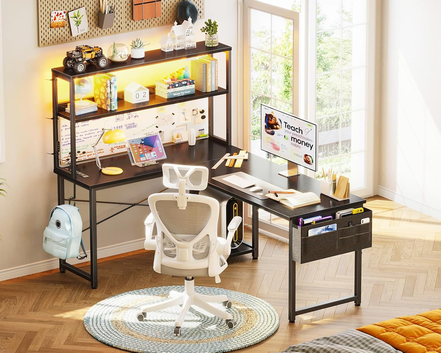 L Shaped Desk Gaming Desk with LED Light & Power Outlet