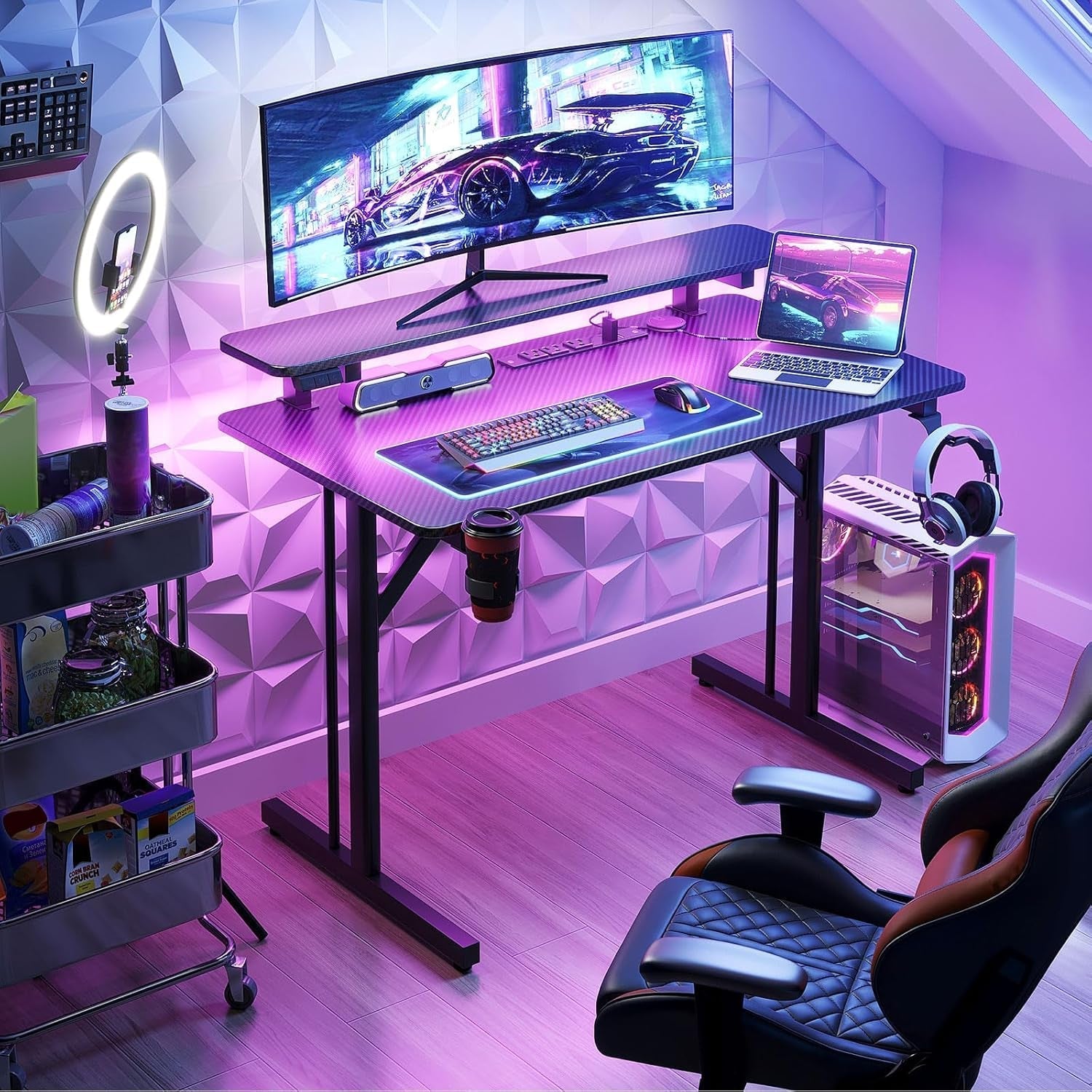 31 Inch Small Gaming Desk with LED Lights & Power Outlets, Computer