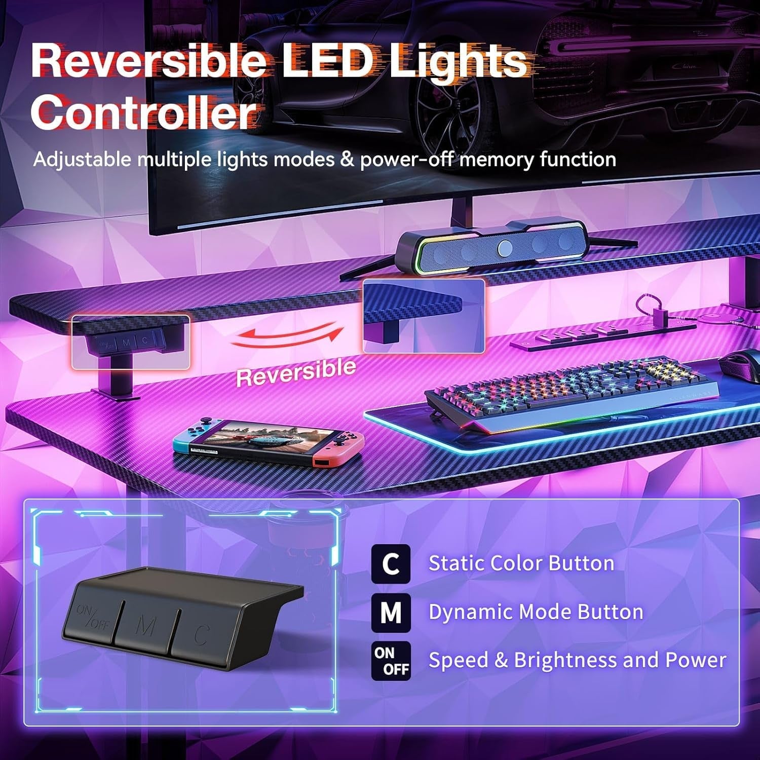 31 Inch Small Gaming Desk with LED Lights & Power Outlets, Computer