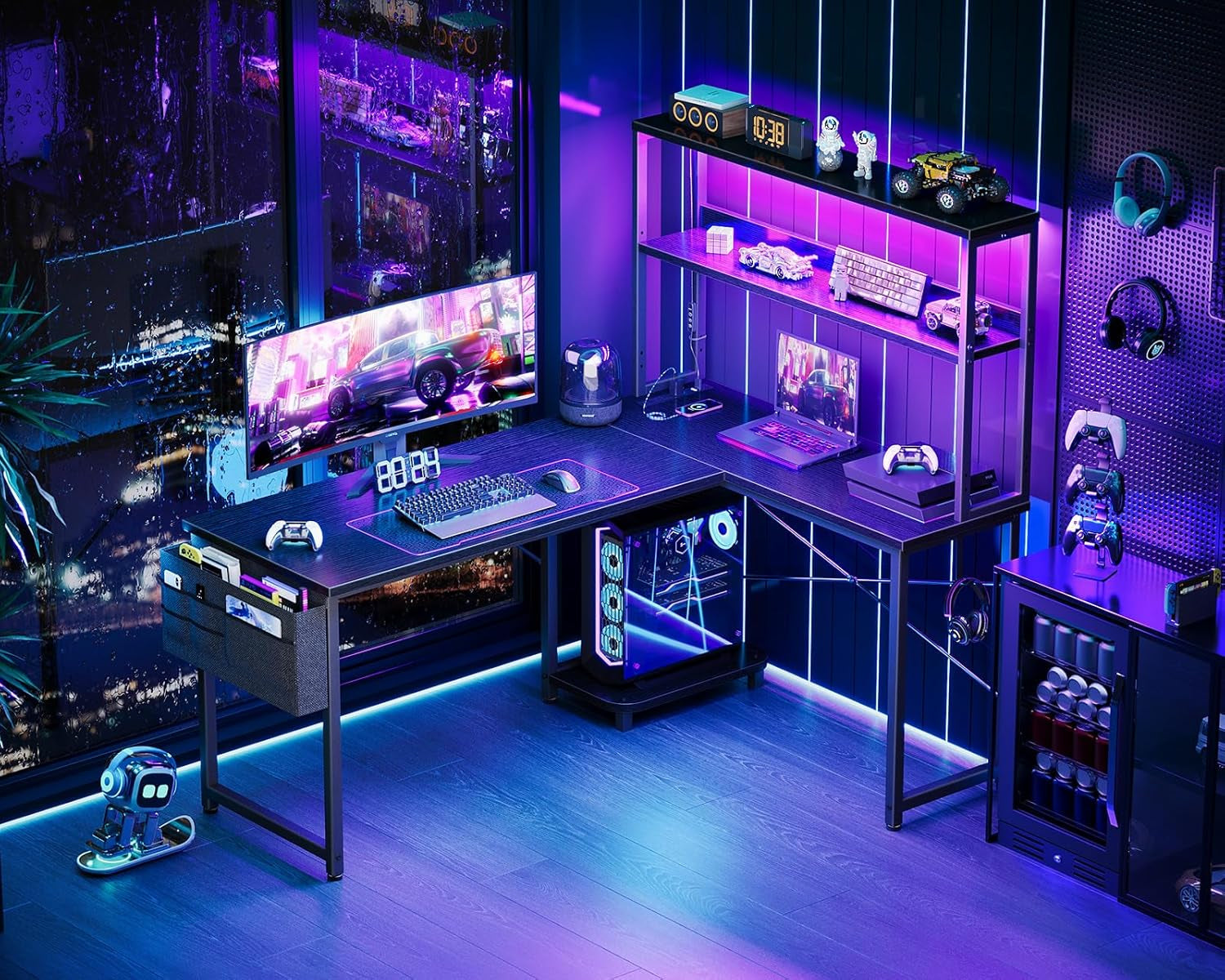 L Shaped Desk Gaming Desk with LED Light & Power Outlet