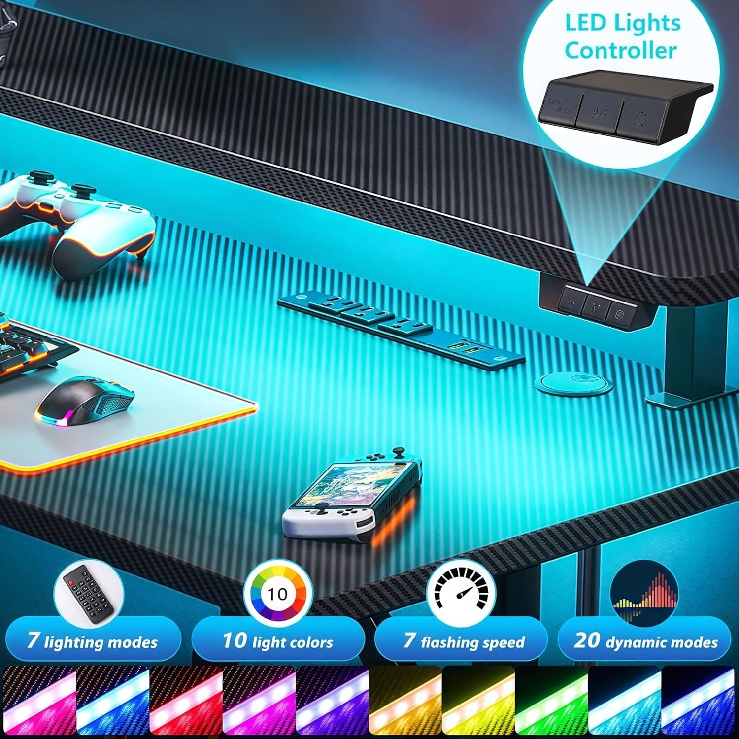 31 Inch Small Gaming Desk with LED Lights & Power Outlets, Computer